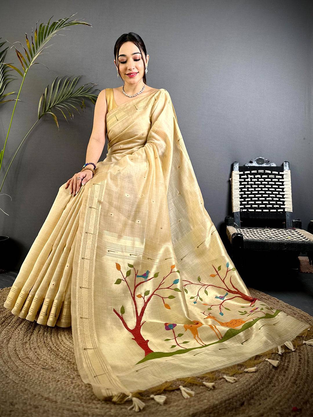 Cream Minakari Paithani Khadi Linen Saree