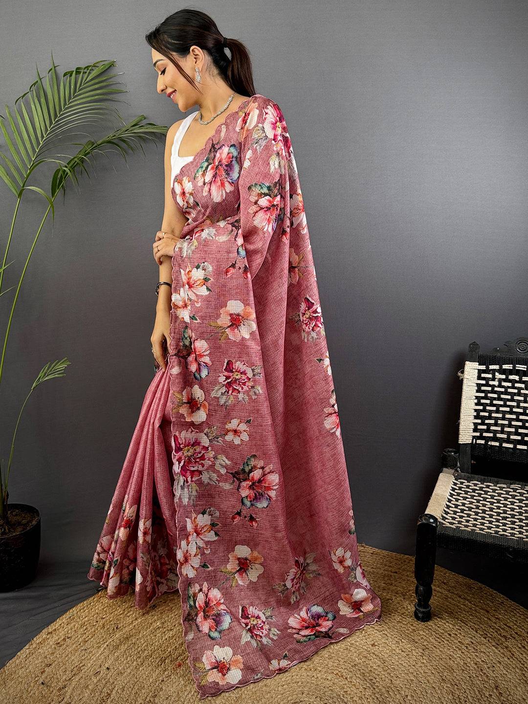 Blush Pink Kota Floral Digital Cut Work Saree