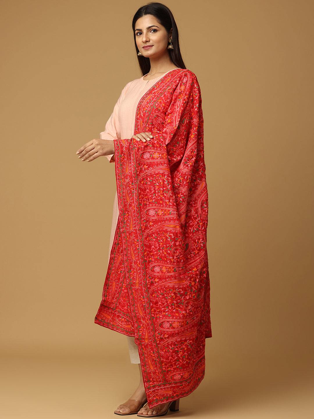 Side view of Red Poly Chiffon Pashmina Dupatta