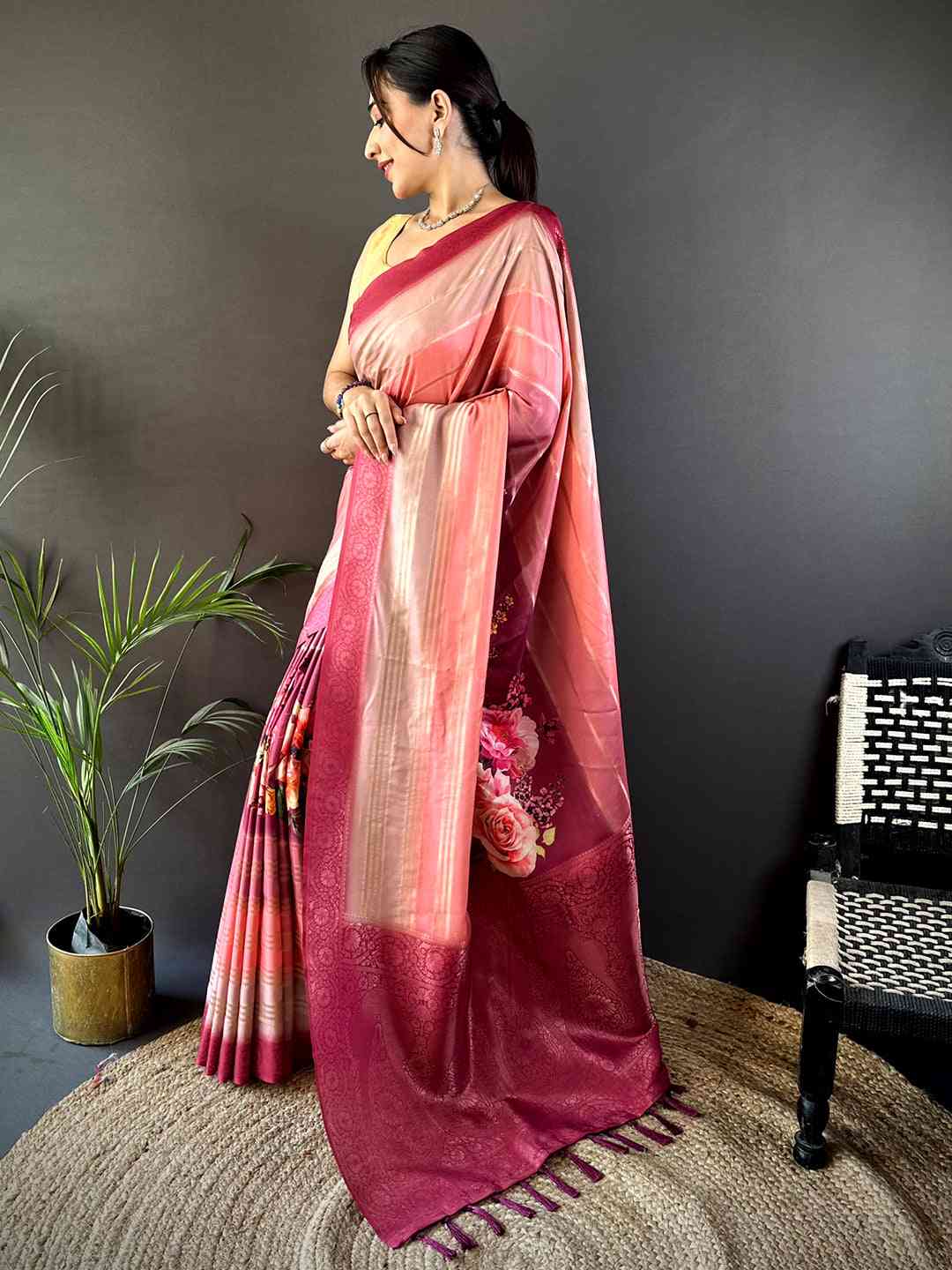 Coral Kalamkari Ombre Crepe Silk Saree