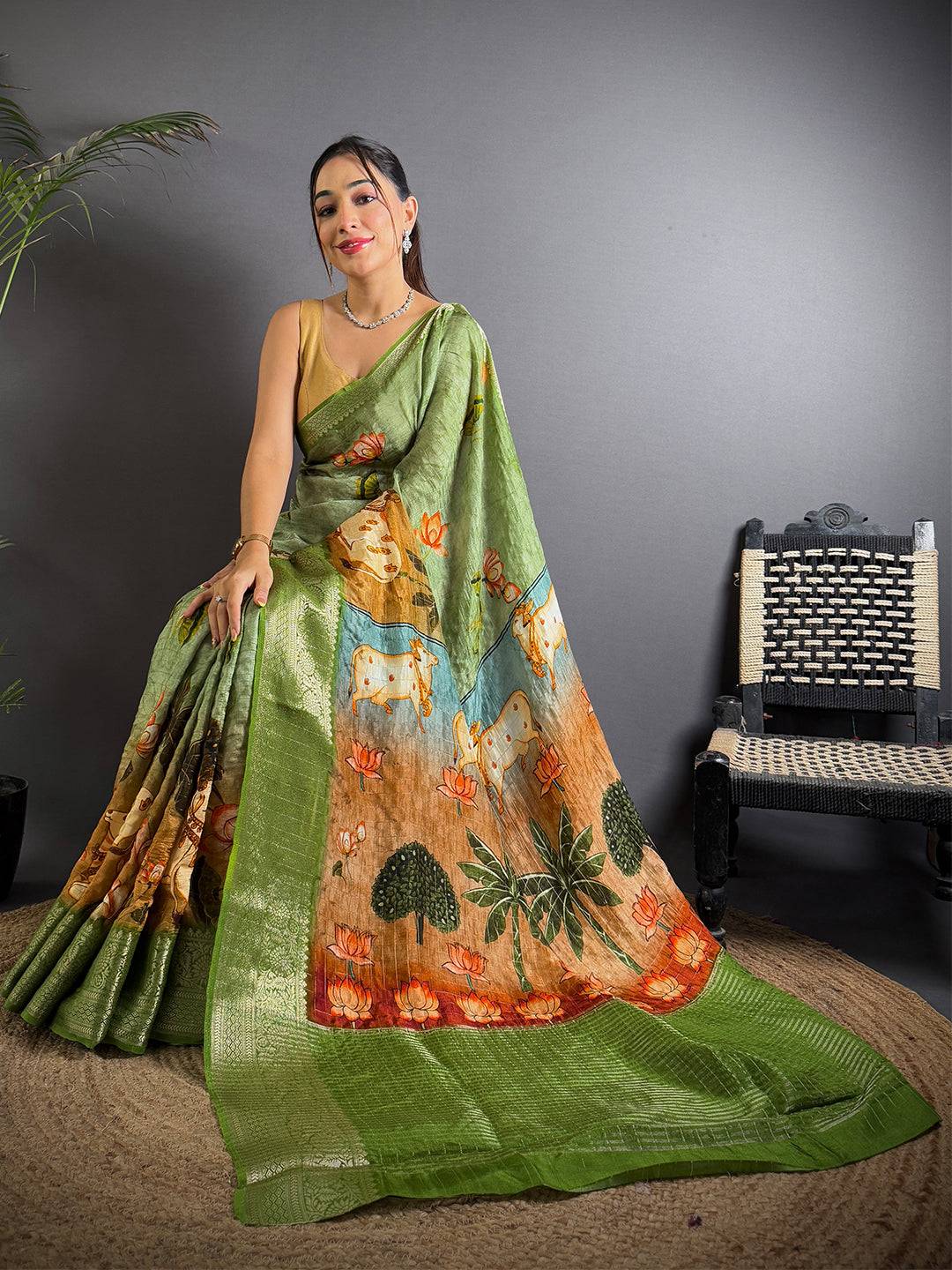 Parrot Green Viscose Pichwai Print Saree