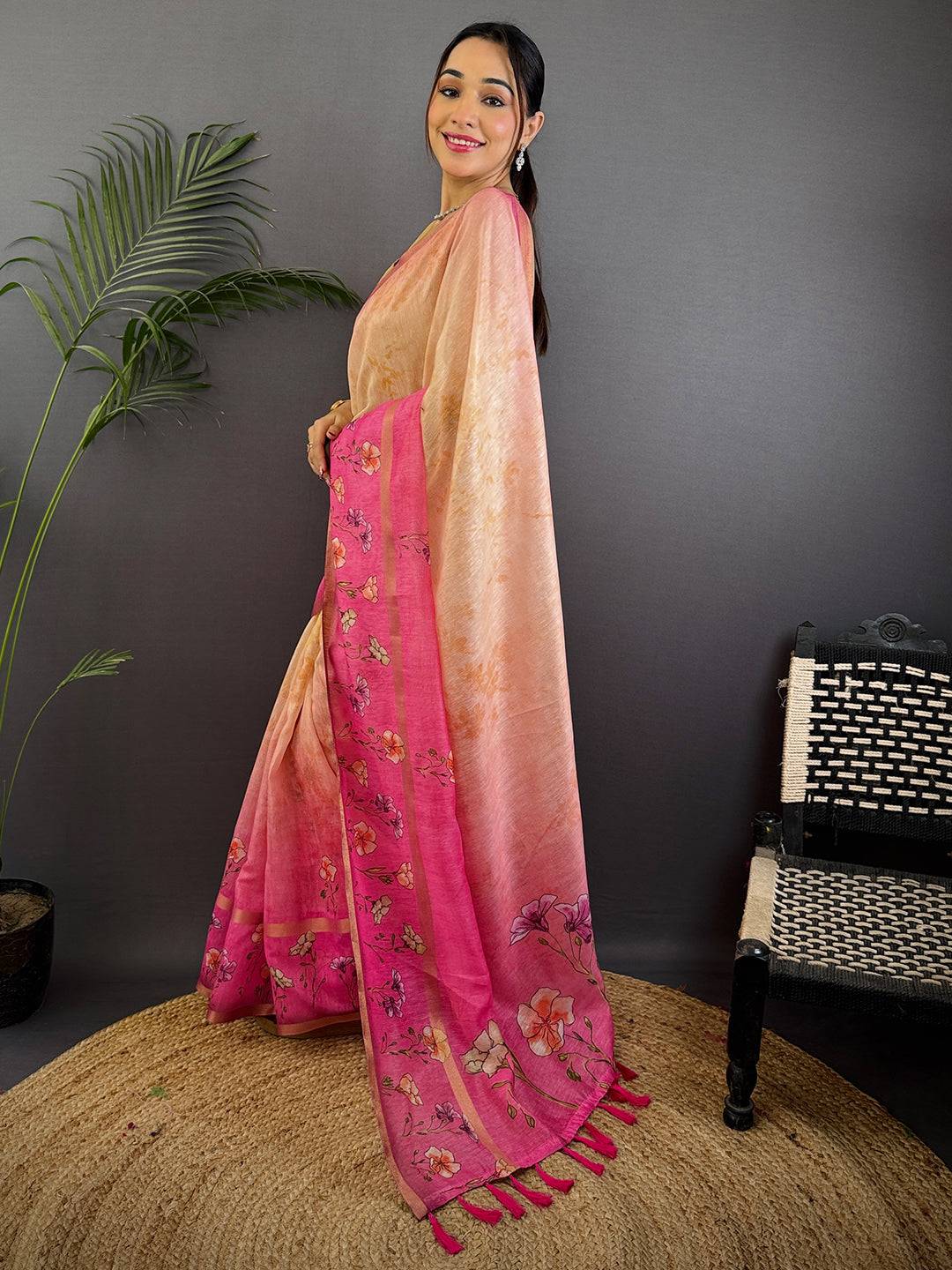 Light Pink Linen Chanderi Floral Print Saree