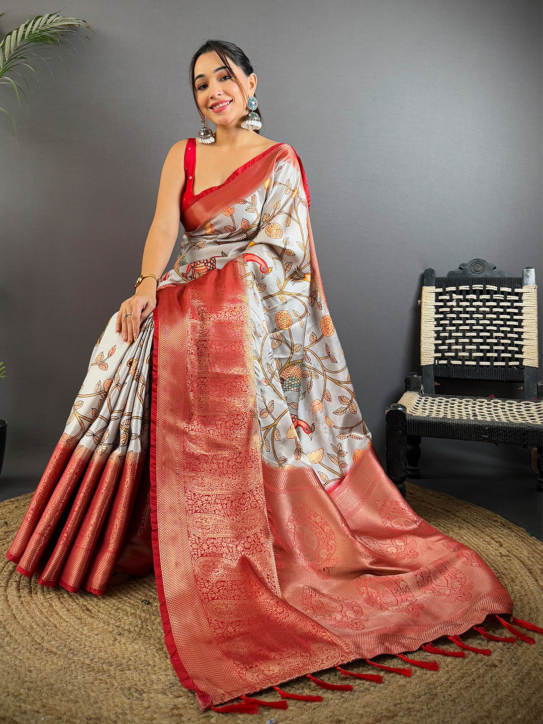 Radiant Cherry Satin Kalamkari Printed Saree