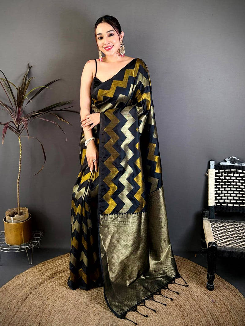 Black Soft Silk Geometric Zigzag Zari Saree