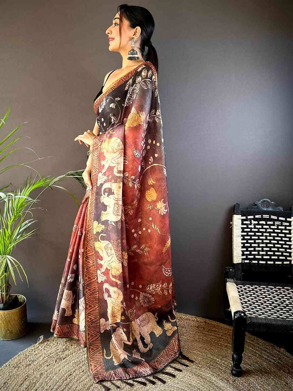 Red Kalamkari Block Print Chanderi Saree