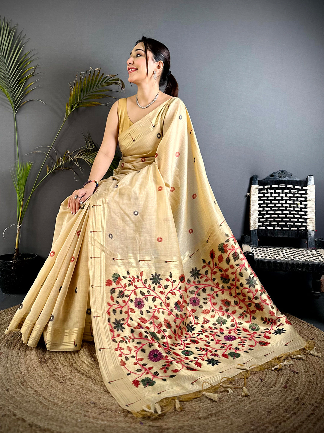 Aura Cream Minakari Butti Linen Saree