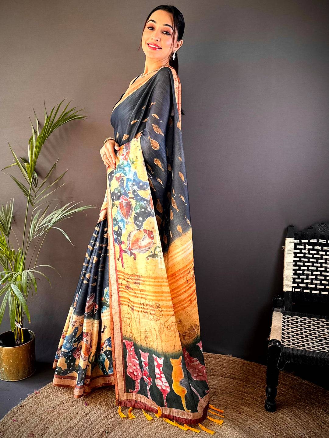 Navy Chanderi Floral Kalamkari Digital Print Saree