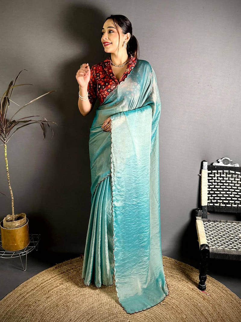 Vibrant Contrast Printed Blouse Silk Saree