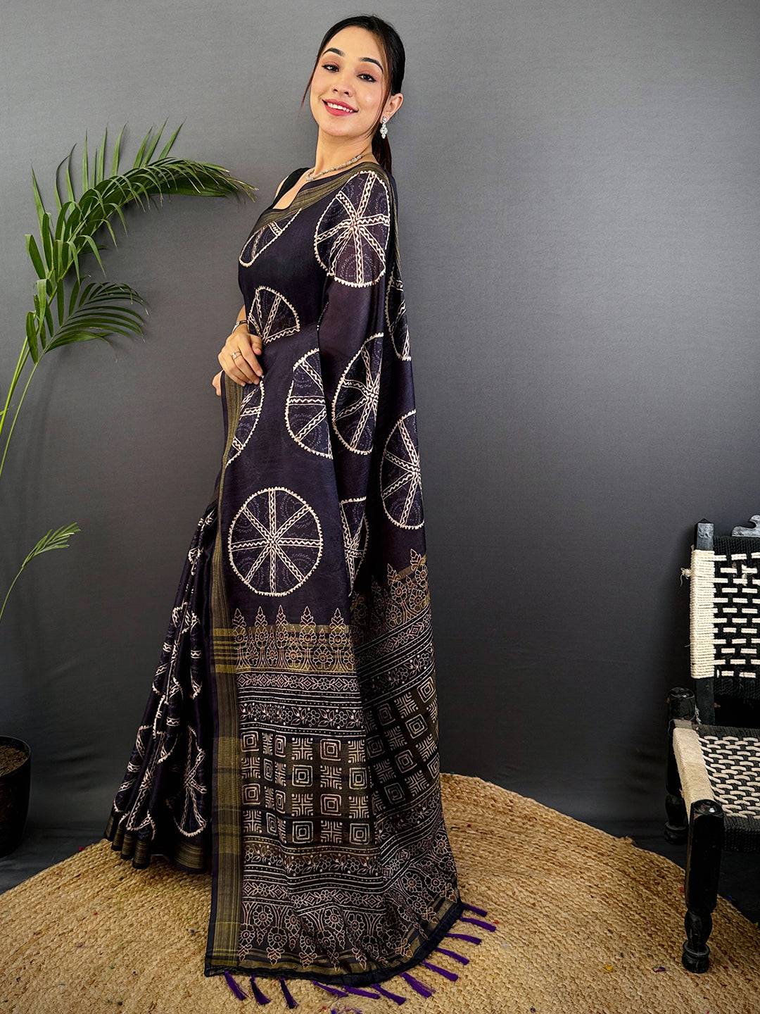 Black Linen Ajarak Print Saree