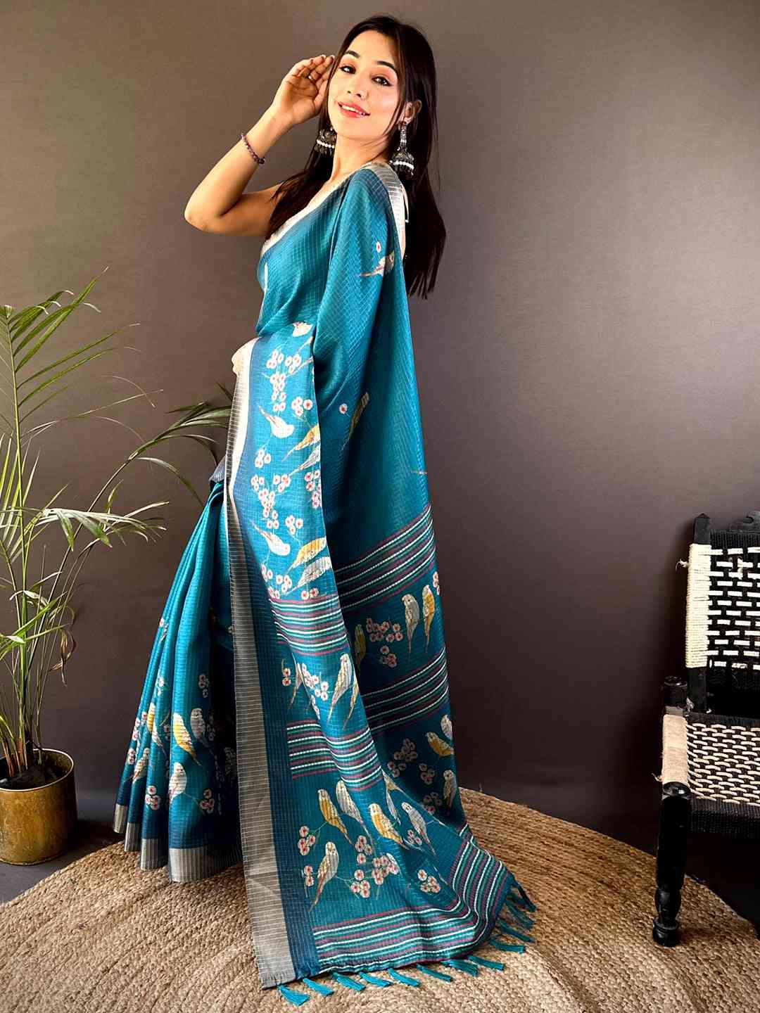 Blue Chanderi Check Sparrow Print Saree