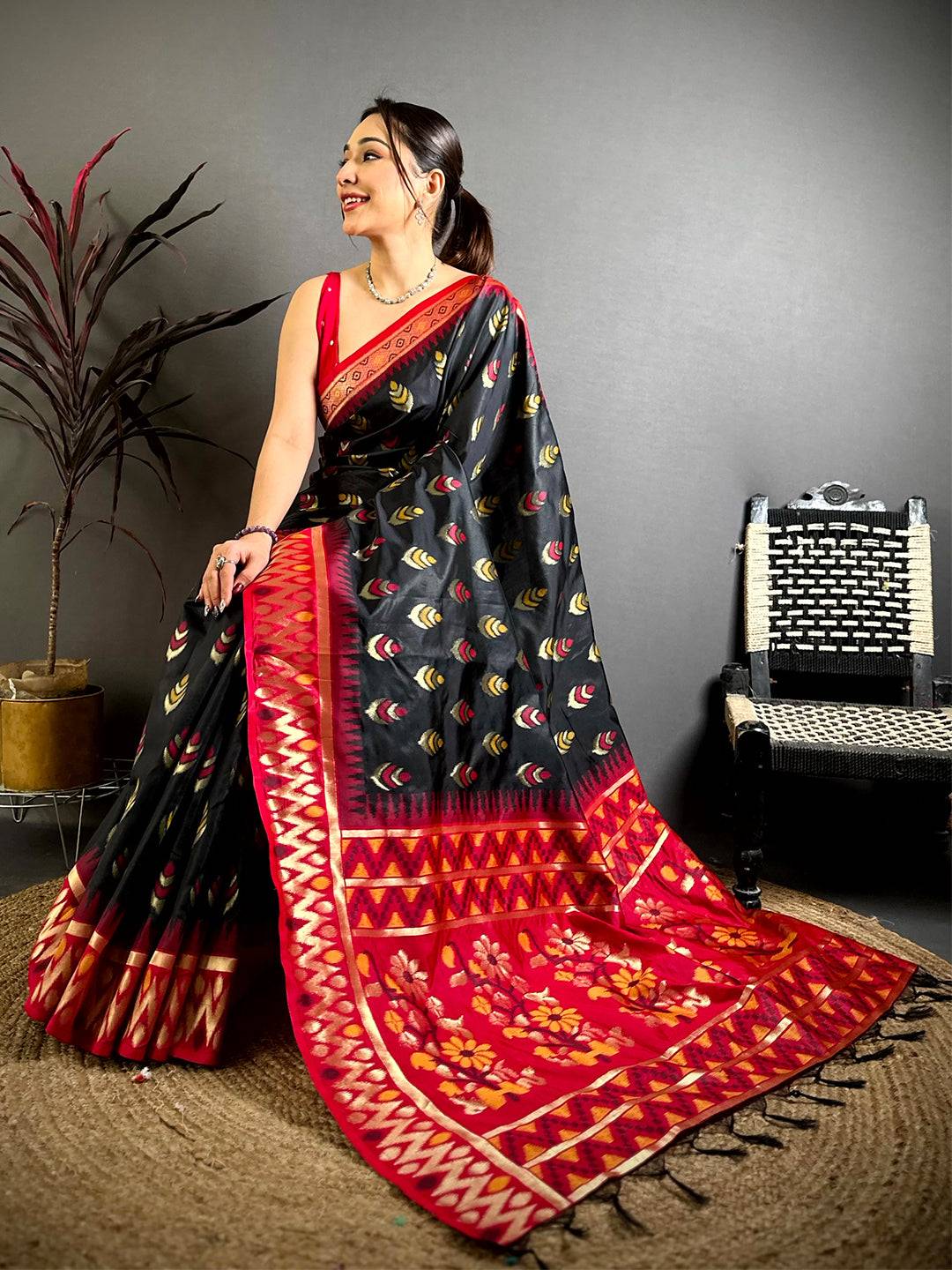 Black Ikkat Minakari Soft Silk Saree