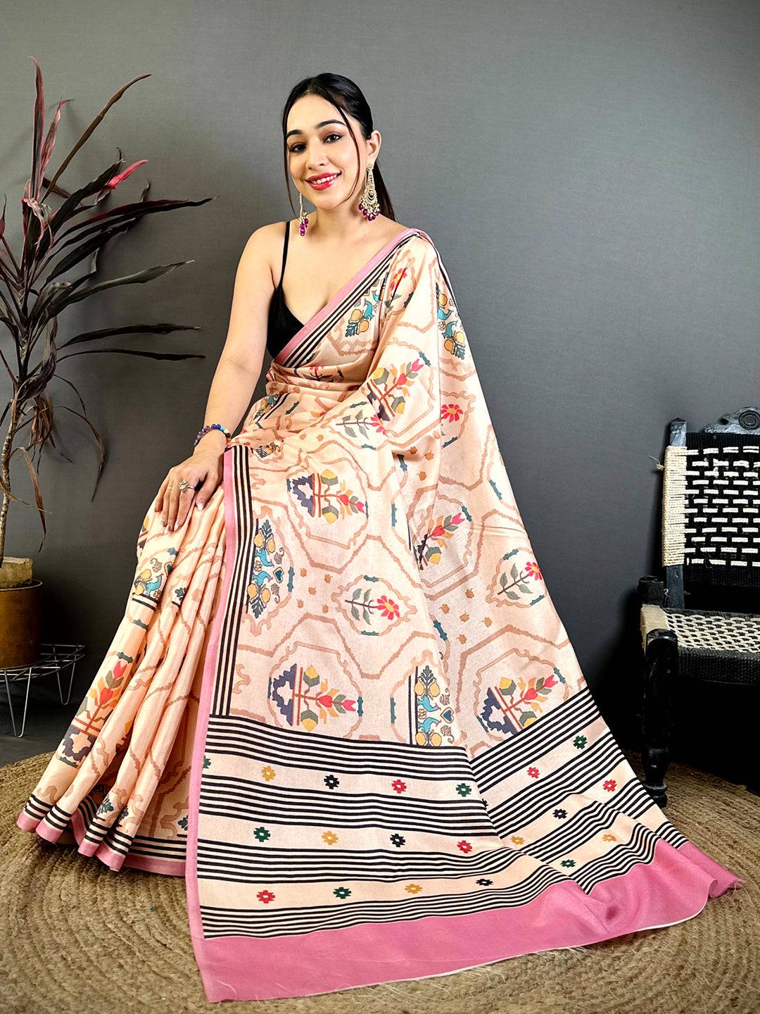 Vibrant Kalamkari Geometric Tussar Saree
