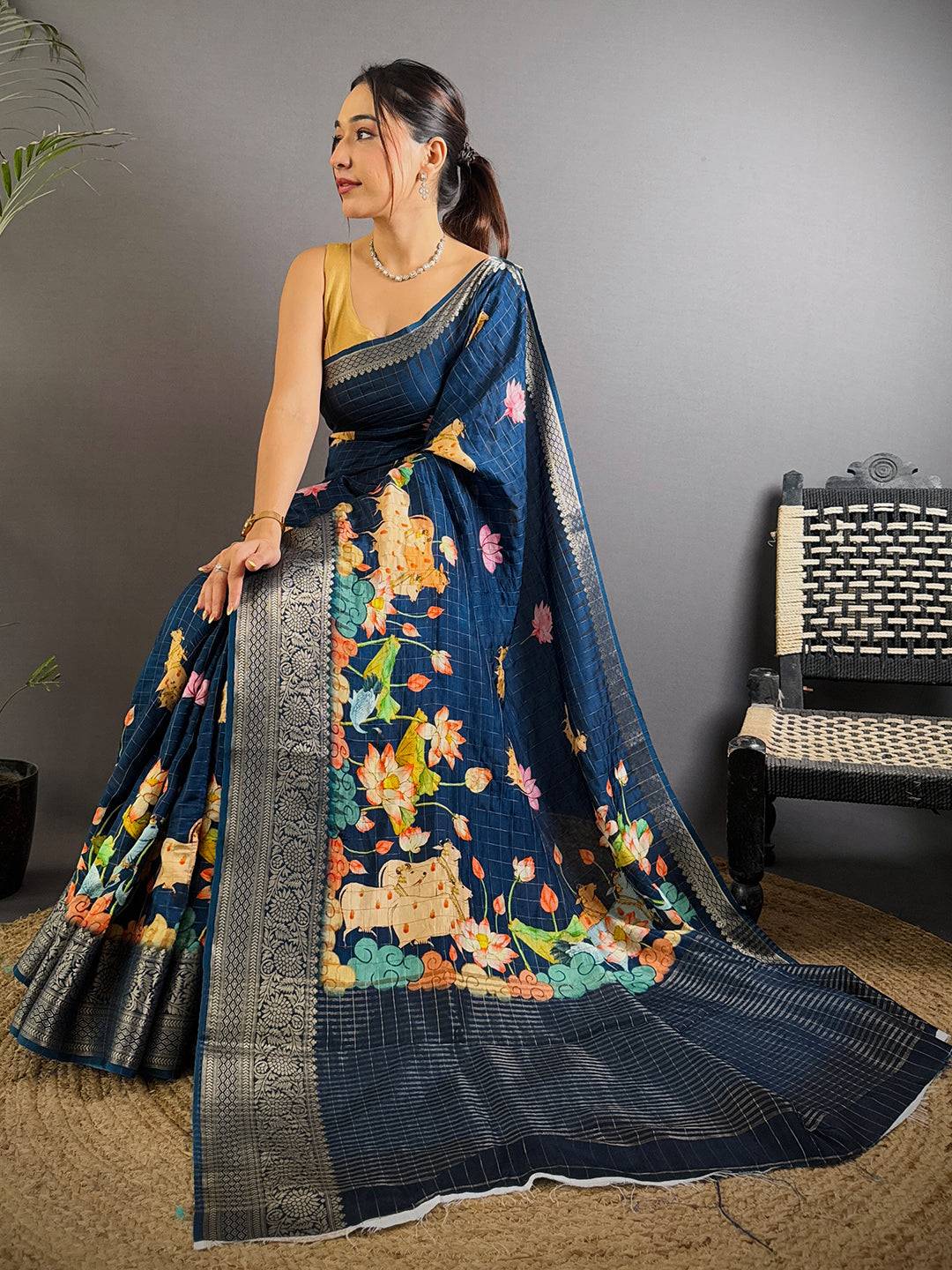 Elegant Teal Blue Viscose Kalamkari Saree