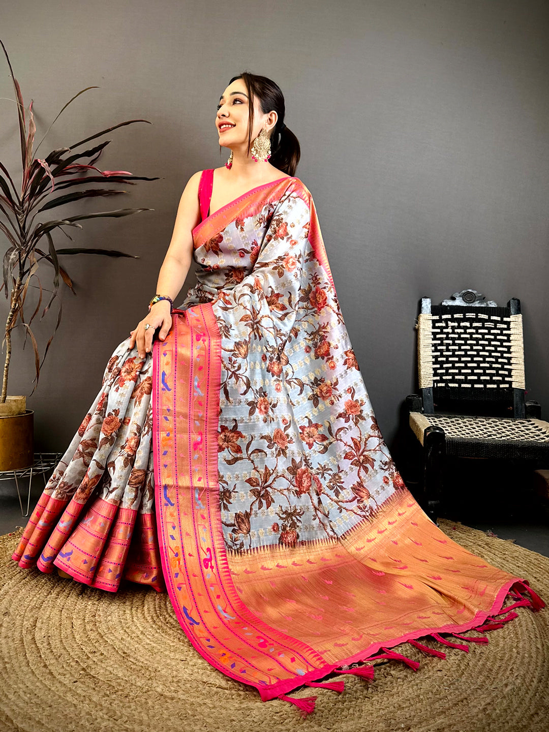 Light Grey Paithani Border Kora Tissue Saree