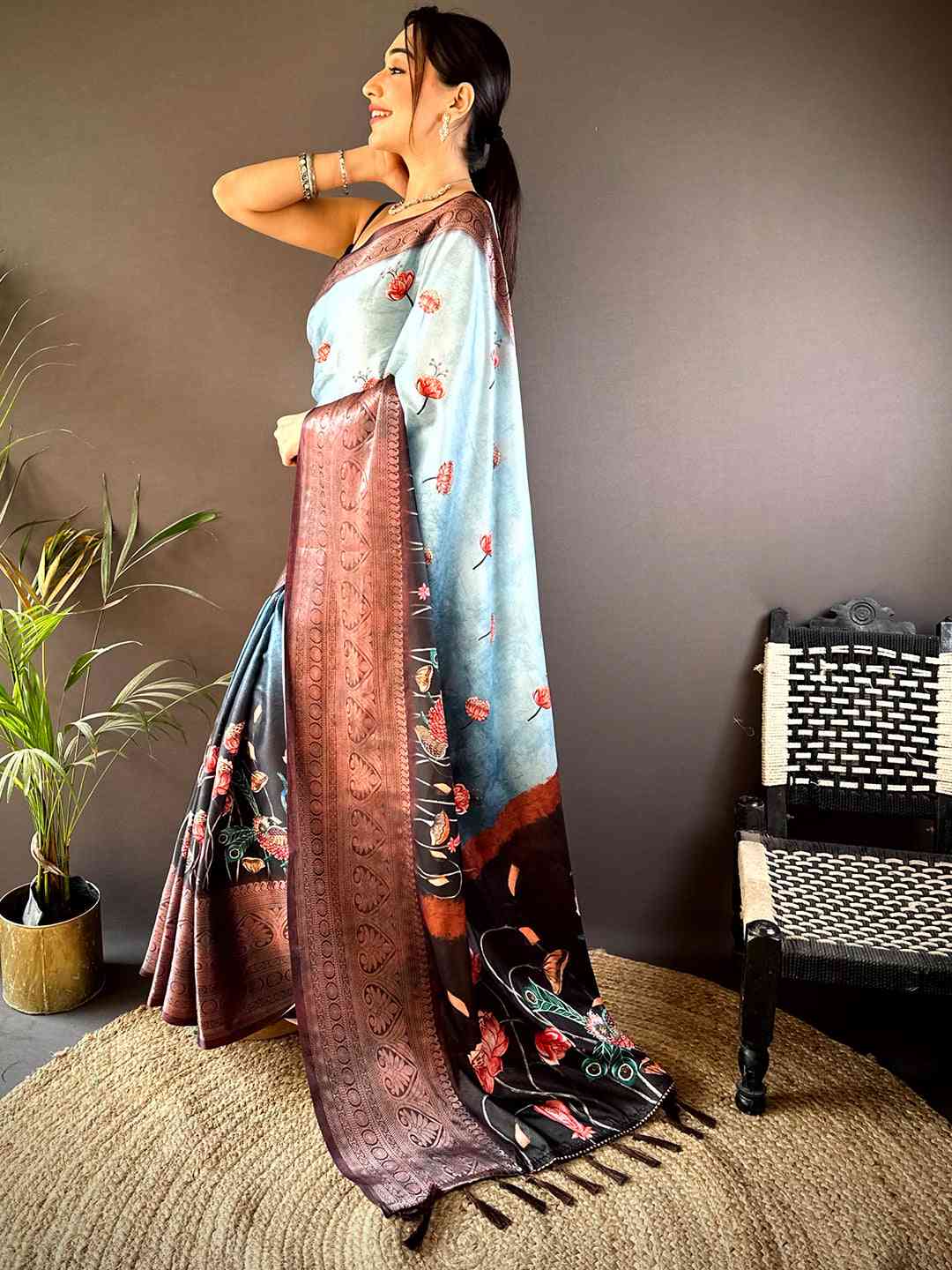 Light Blue Soft Silk Floral Ombre Print Saree