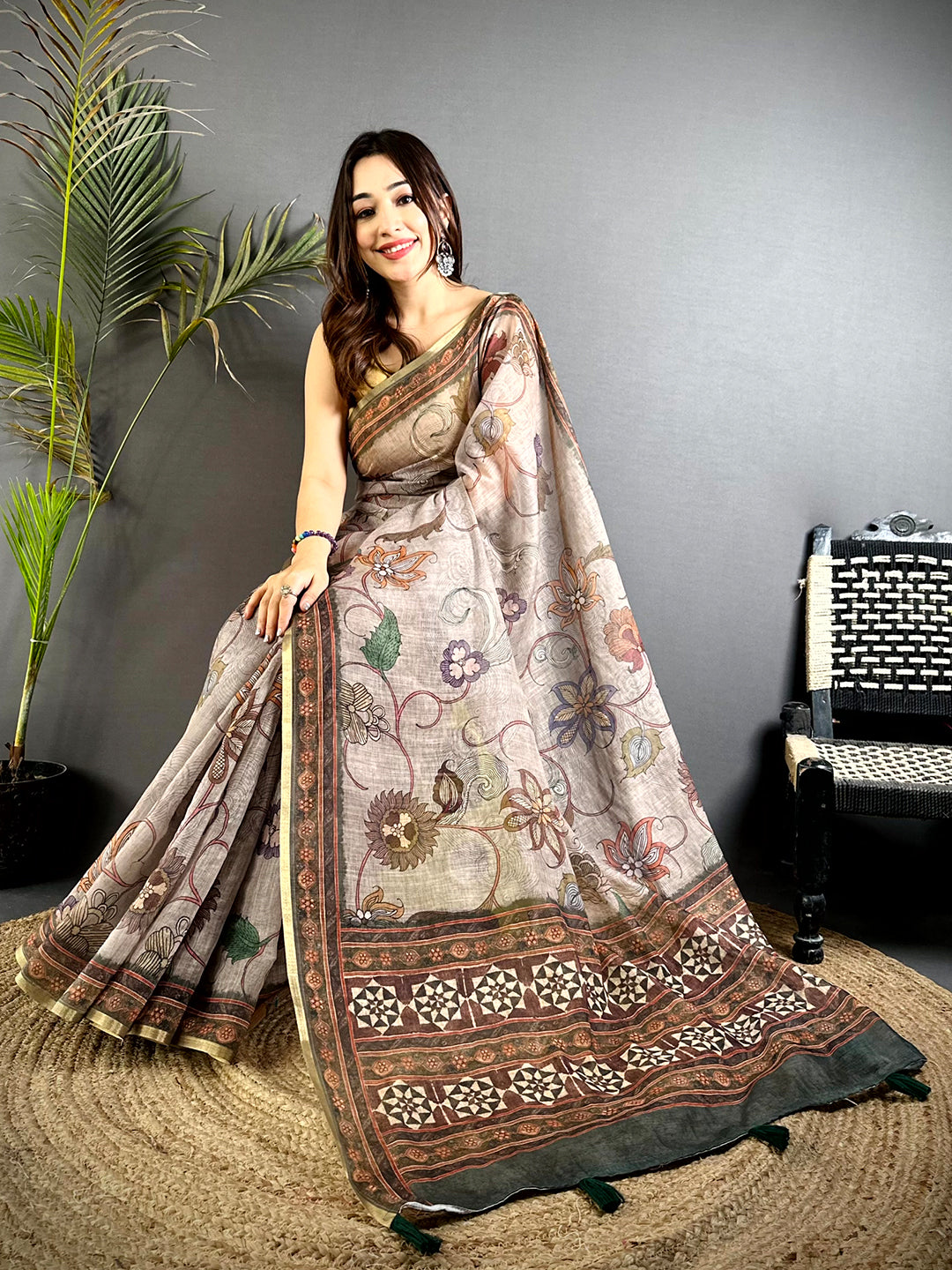 Heritage Linen Tissue Ajrak Zari Saree