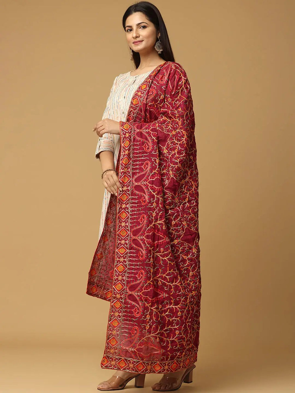 Side view of Wine Poly Chiffon Pashmina Dupatta
