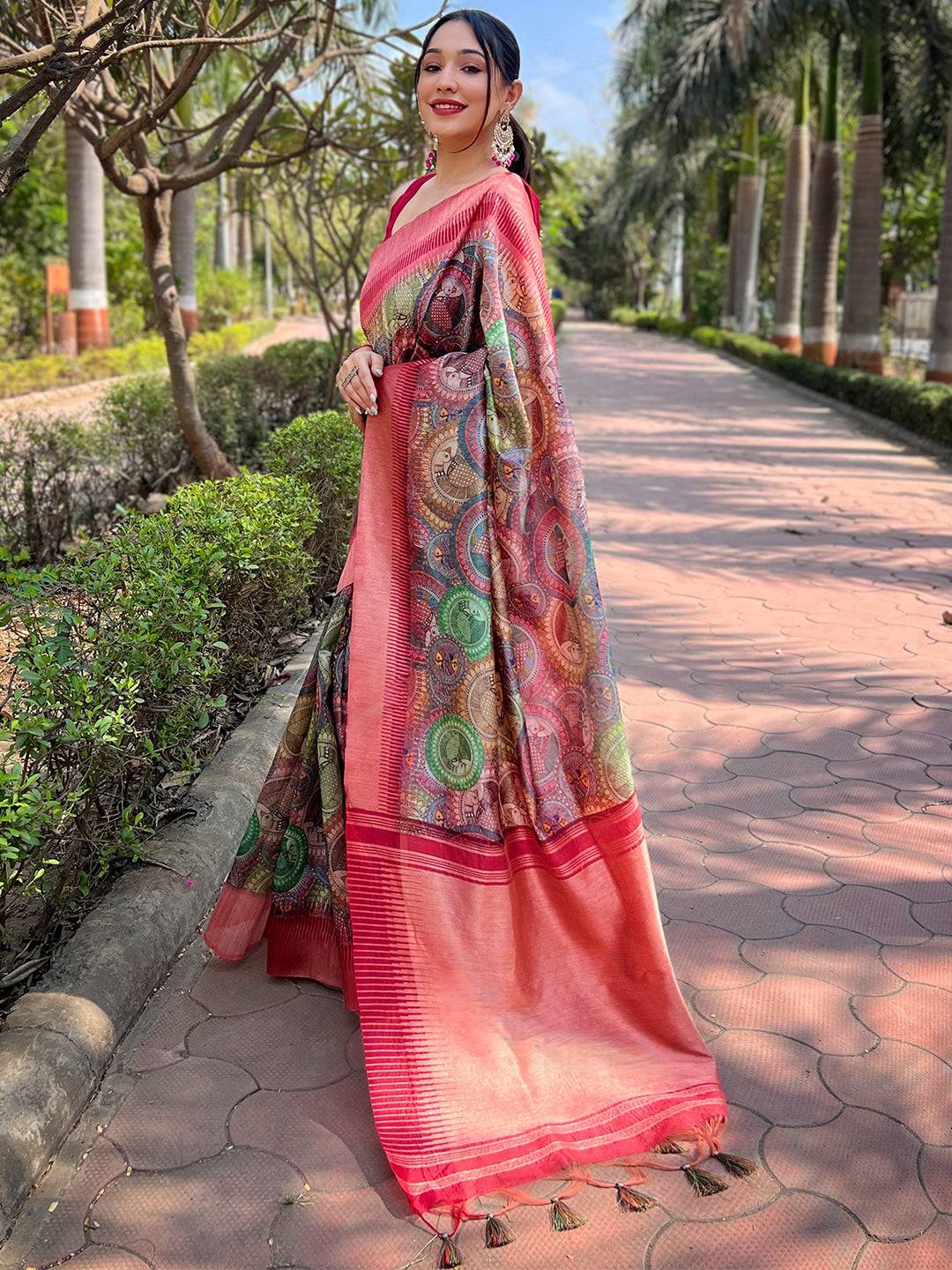 Beautifully draped Madhubani Kalamkari block print saree