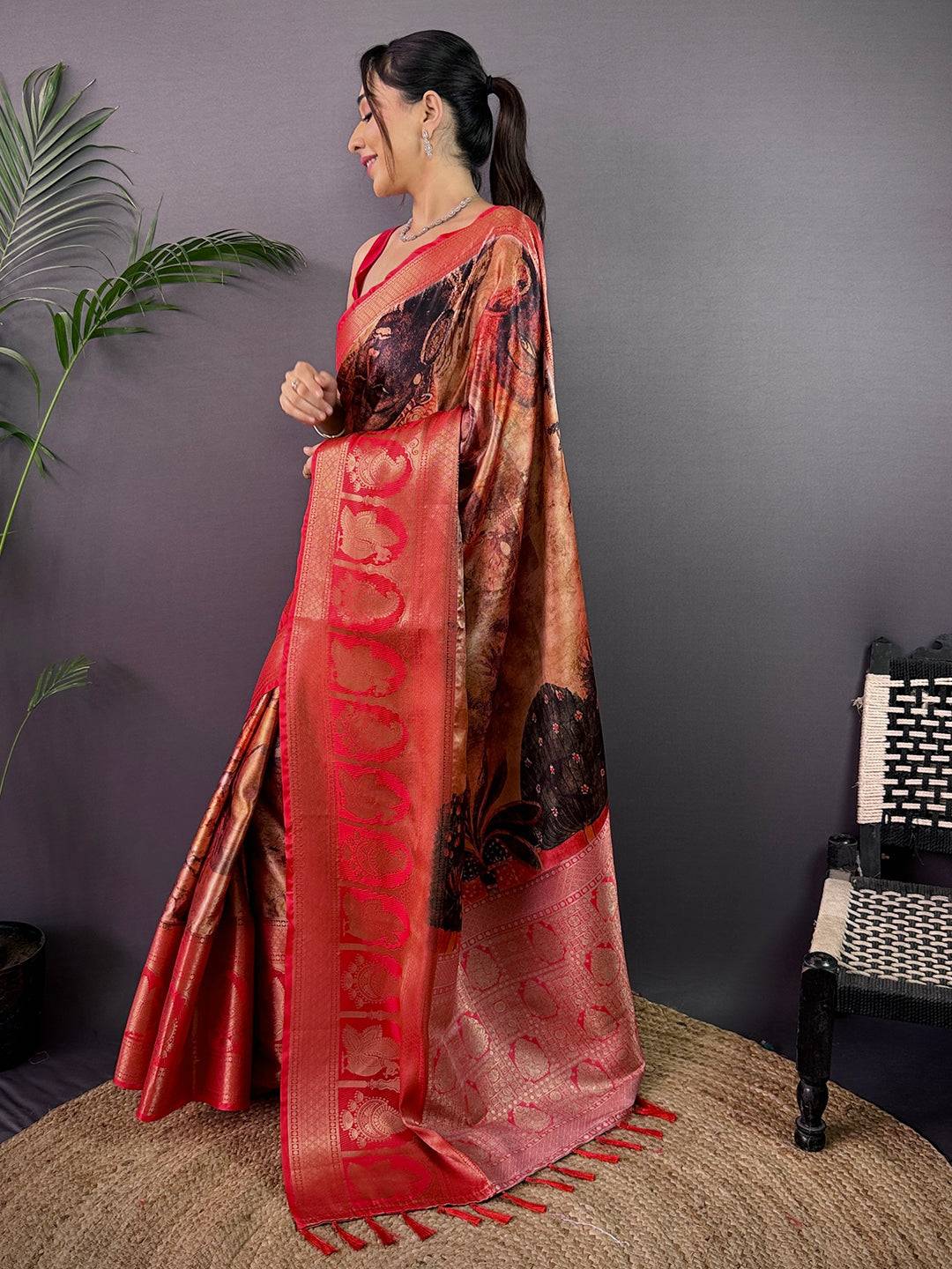Heritage Soft Cherry Satin Kalamkari Print Saree