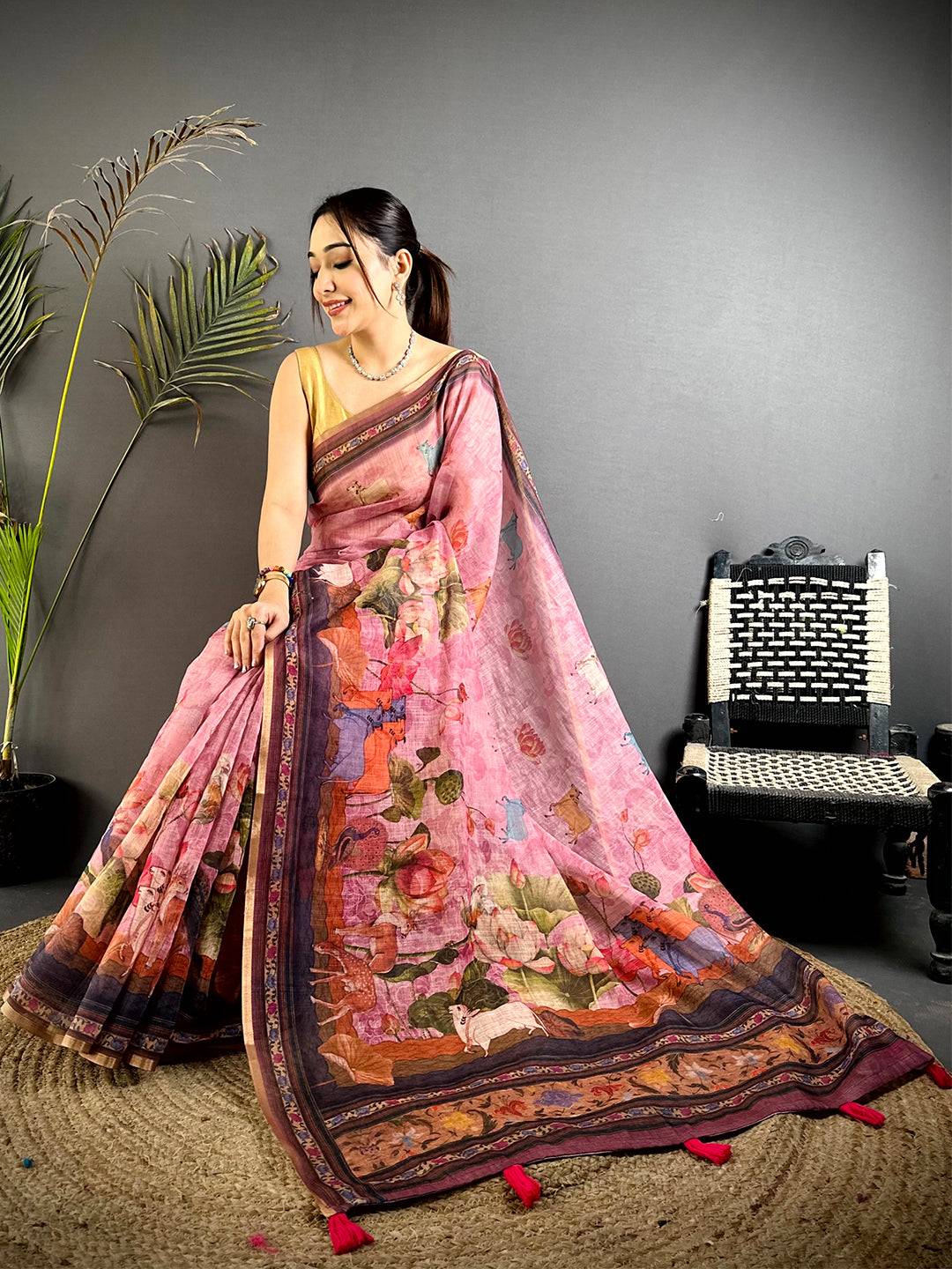 Pink Pichwai Kalamkari Linen Saree