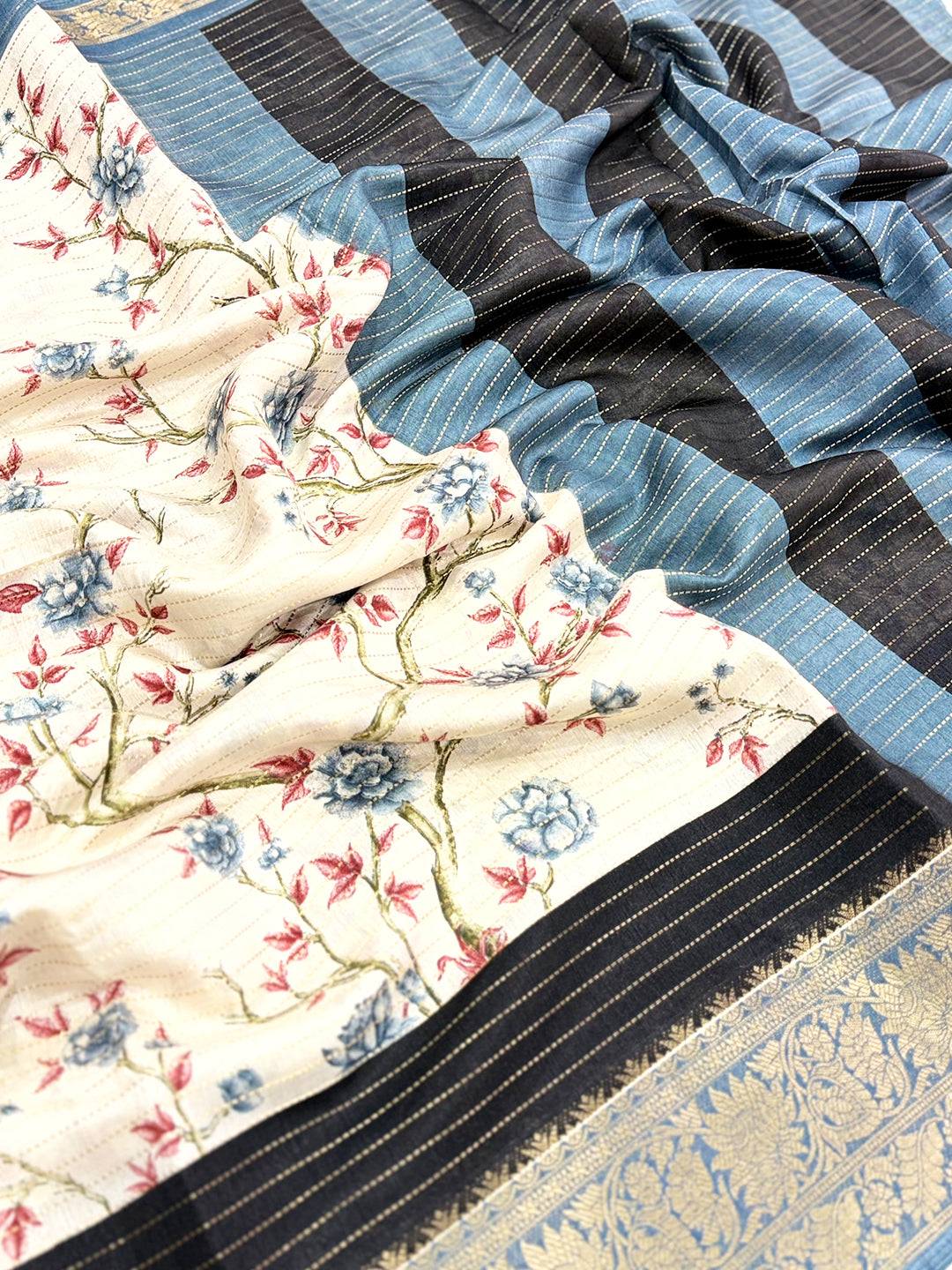 Grey Soft Dola Silk Zari Katha Saree