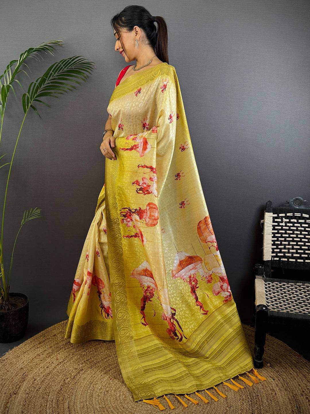 Mustard Yellow Digital Print Soft Dola Silk Saree