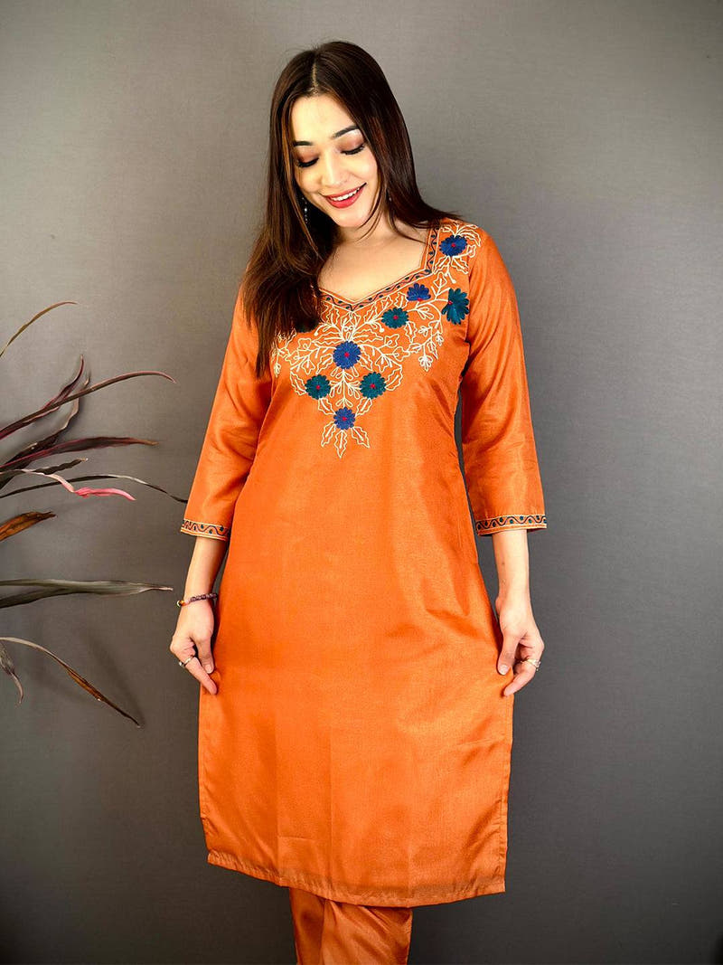 Rust Orange Ari Work Cotton Zari Kurti