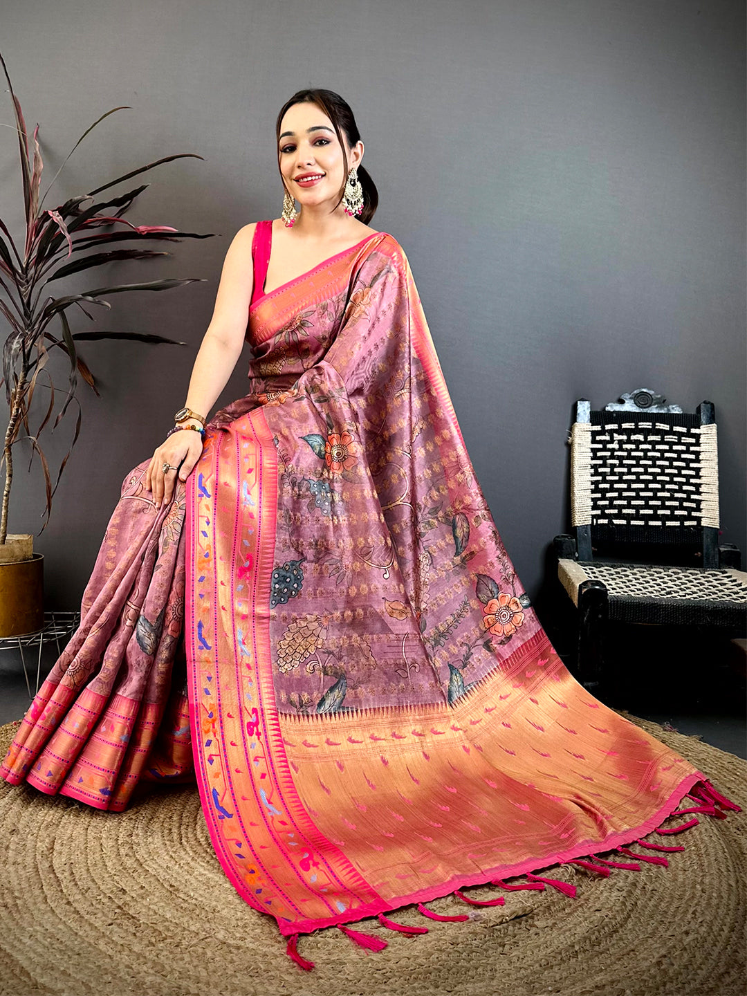 Dull Pink Paithani Border Kora Tissue Saree