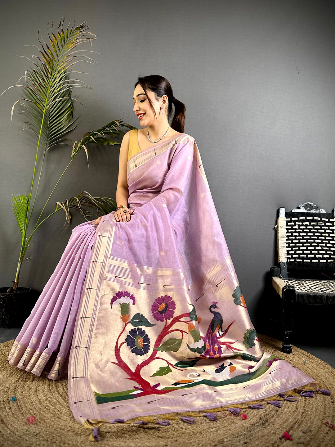 Lavender Minakari Grace Khadi Linen Saree