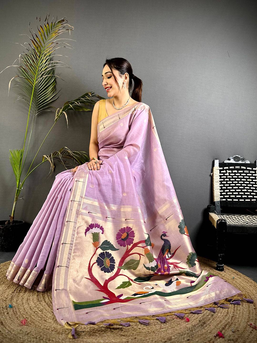 Lavender Minakari Grace Khadi Linen Saree