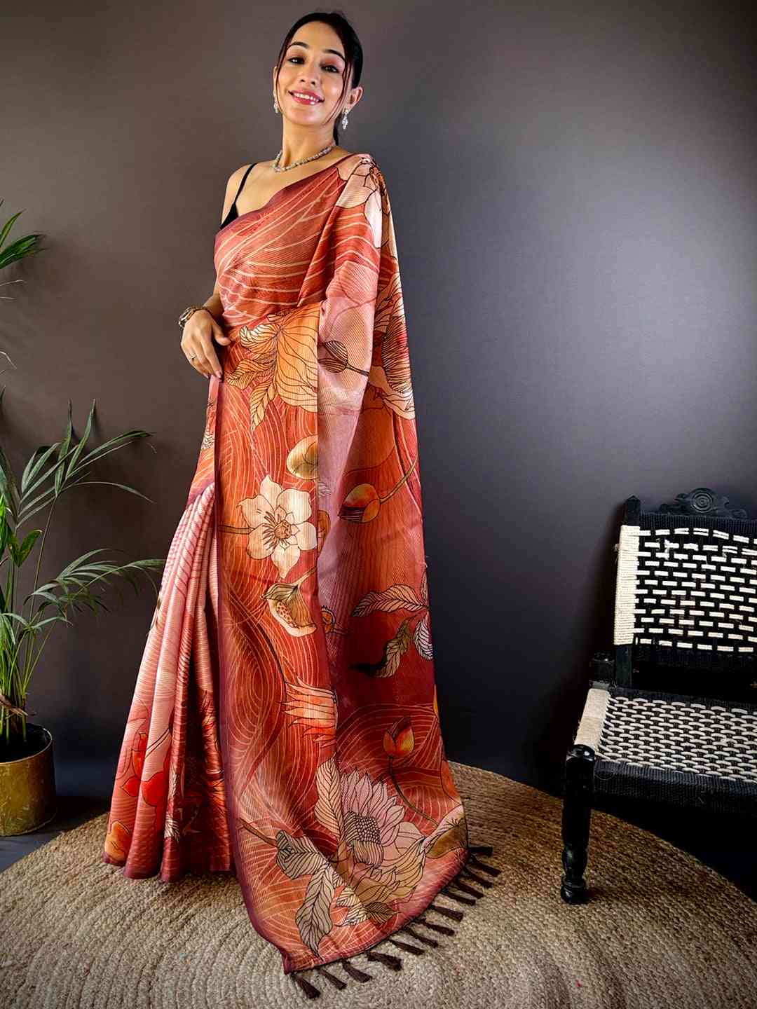 Flame Red Semi Zari Tussar Botanical Saree