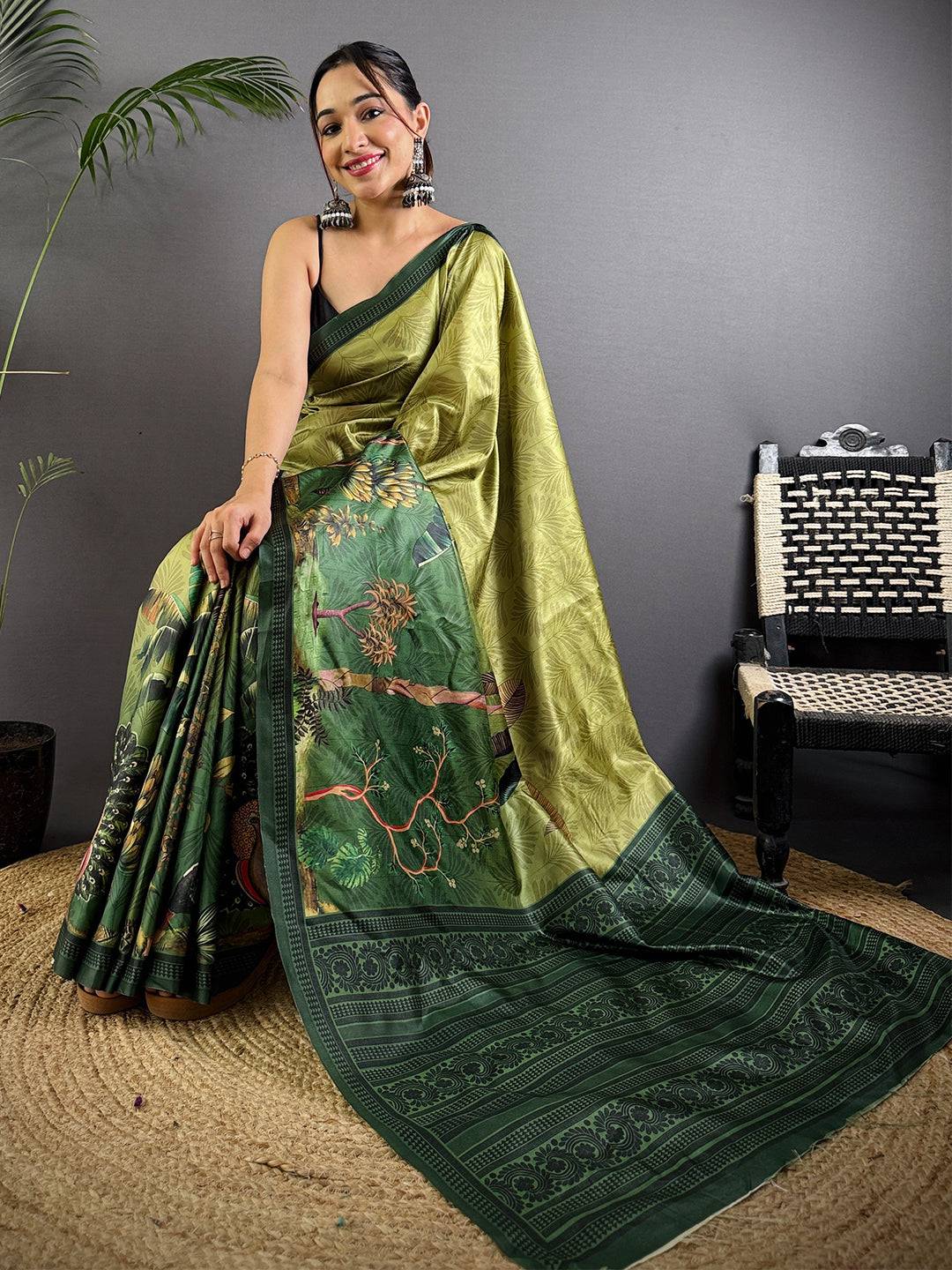 Vibrant Green Soft Dola Silk Printed Saree