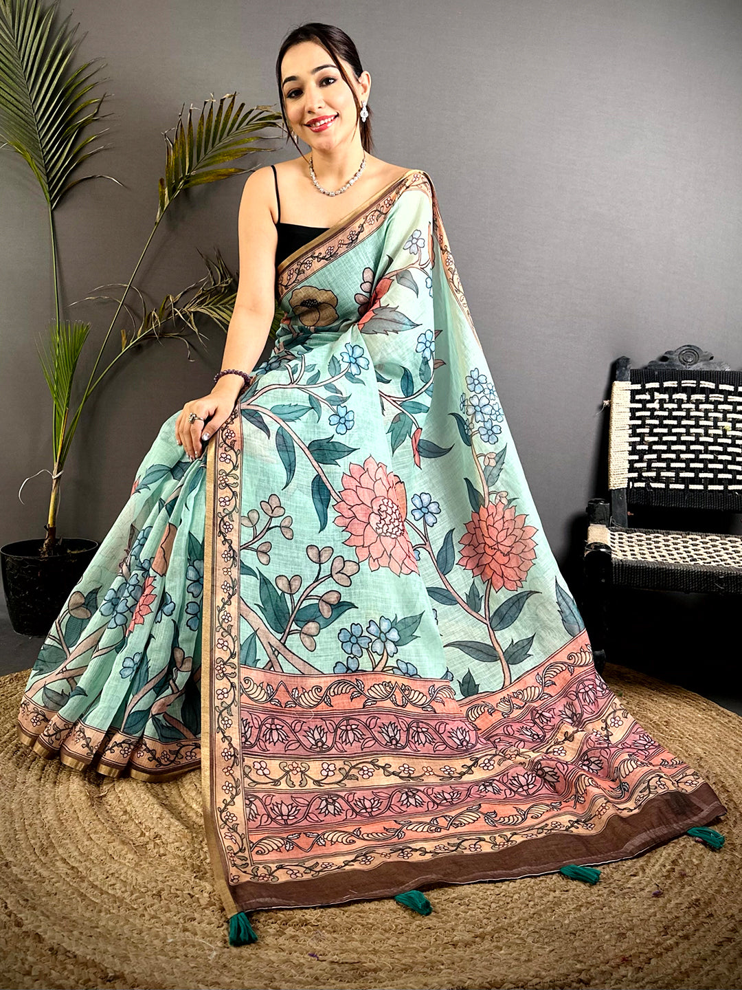 Aqua Floral Soft Linen Summer Saree
