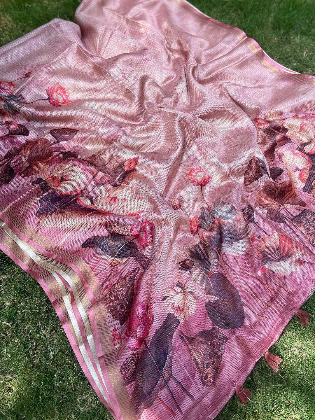 Soft Kota Doriya Silk Saree With Flower Prints & Rich Pallu