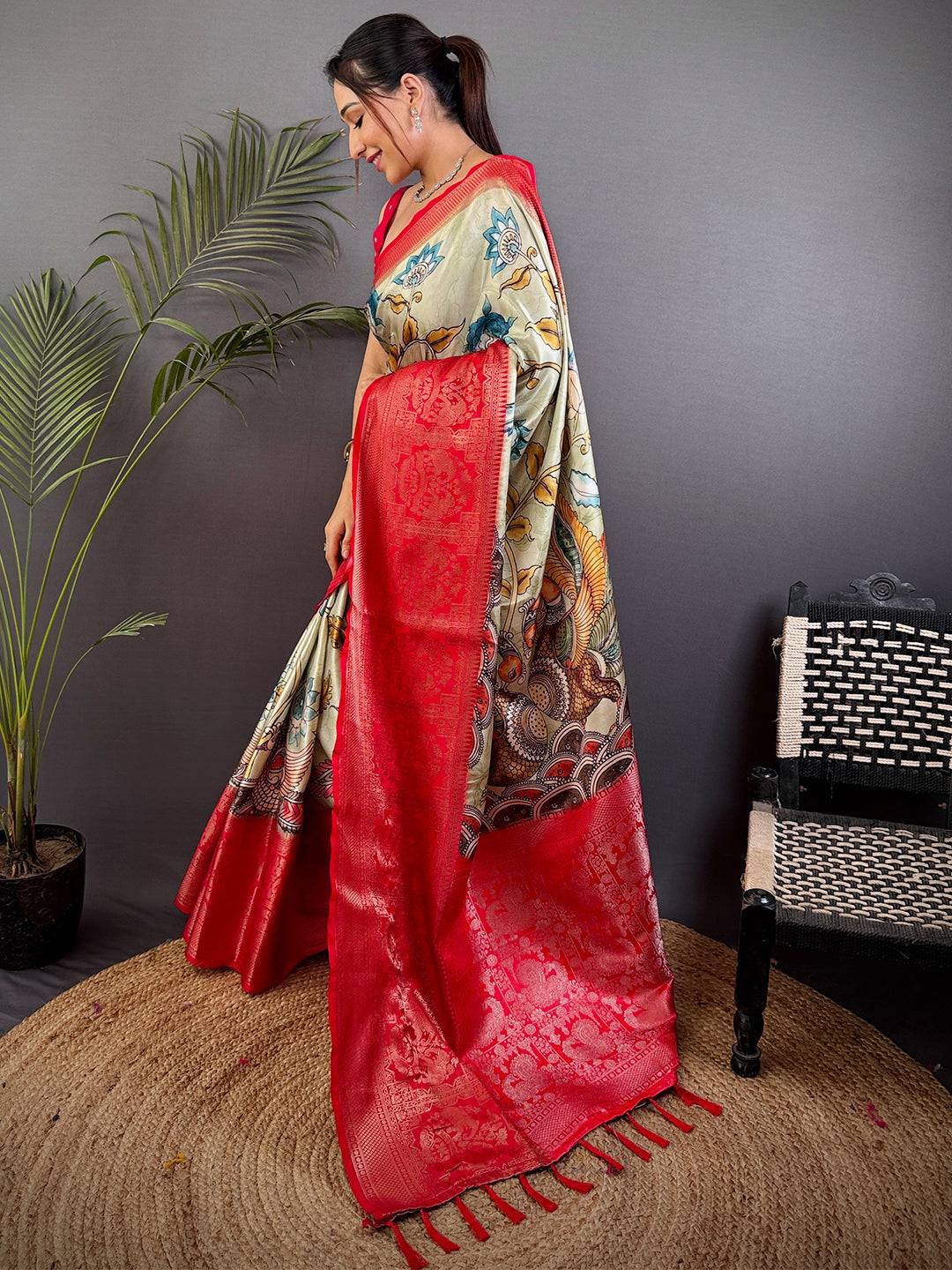 Ivory Kalamkari Printed Soft Satin Saree