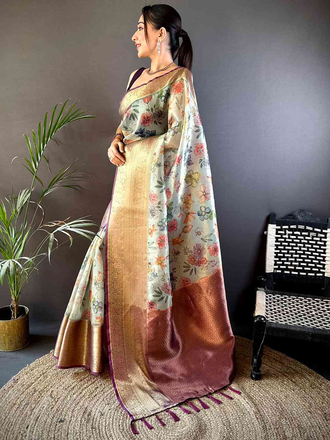 Fern Green Floral Gold Zari Tissue Saree