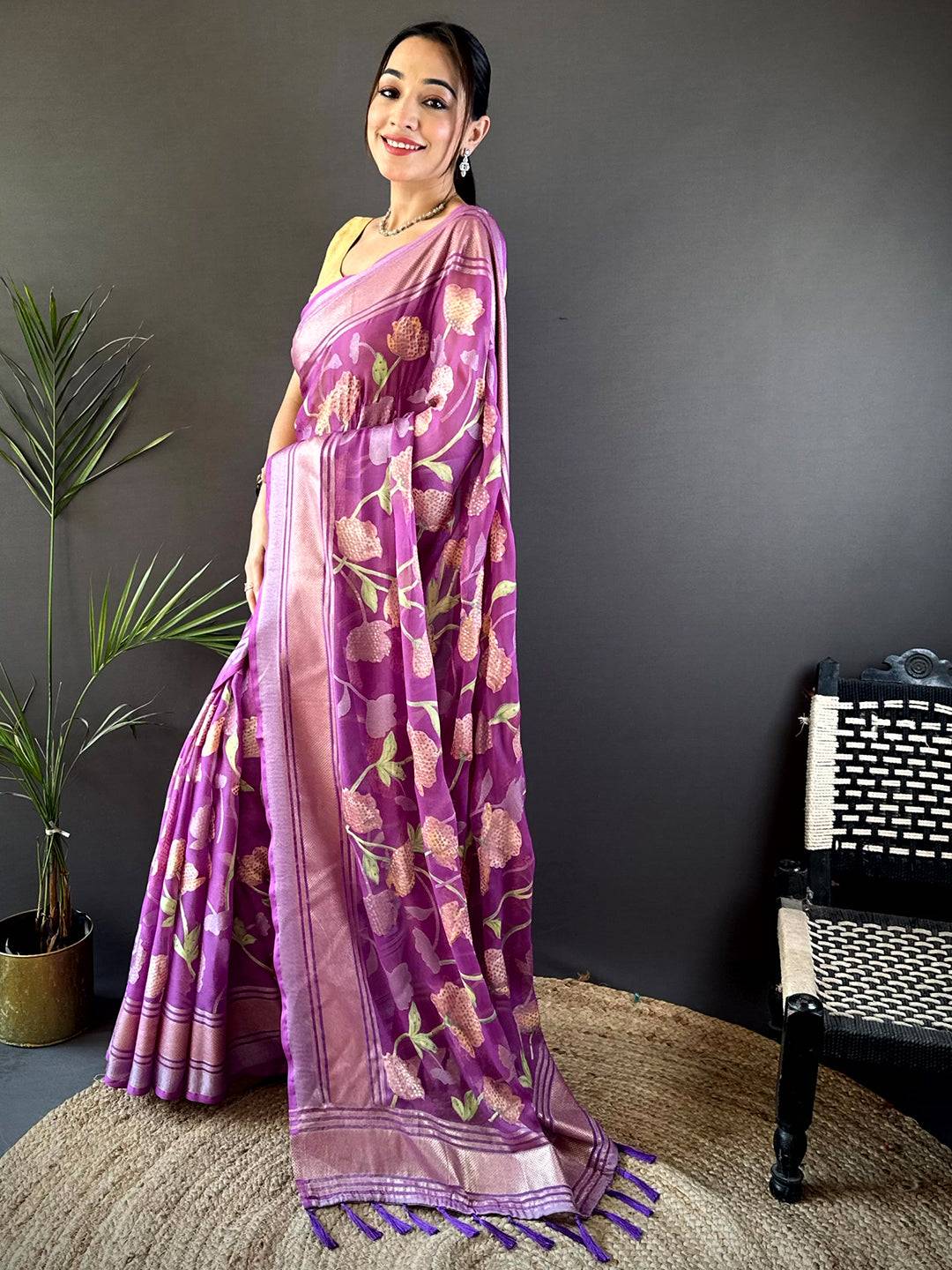 Wine Brasso Soft Mina Kari Weaving Saree