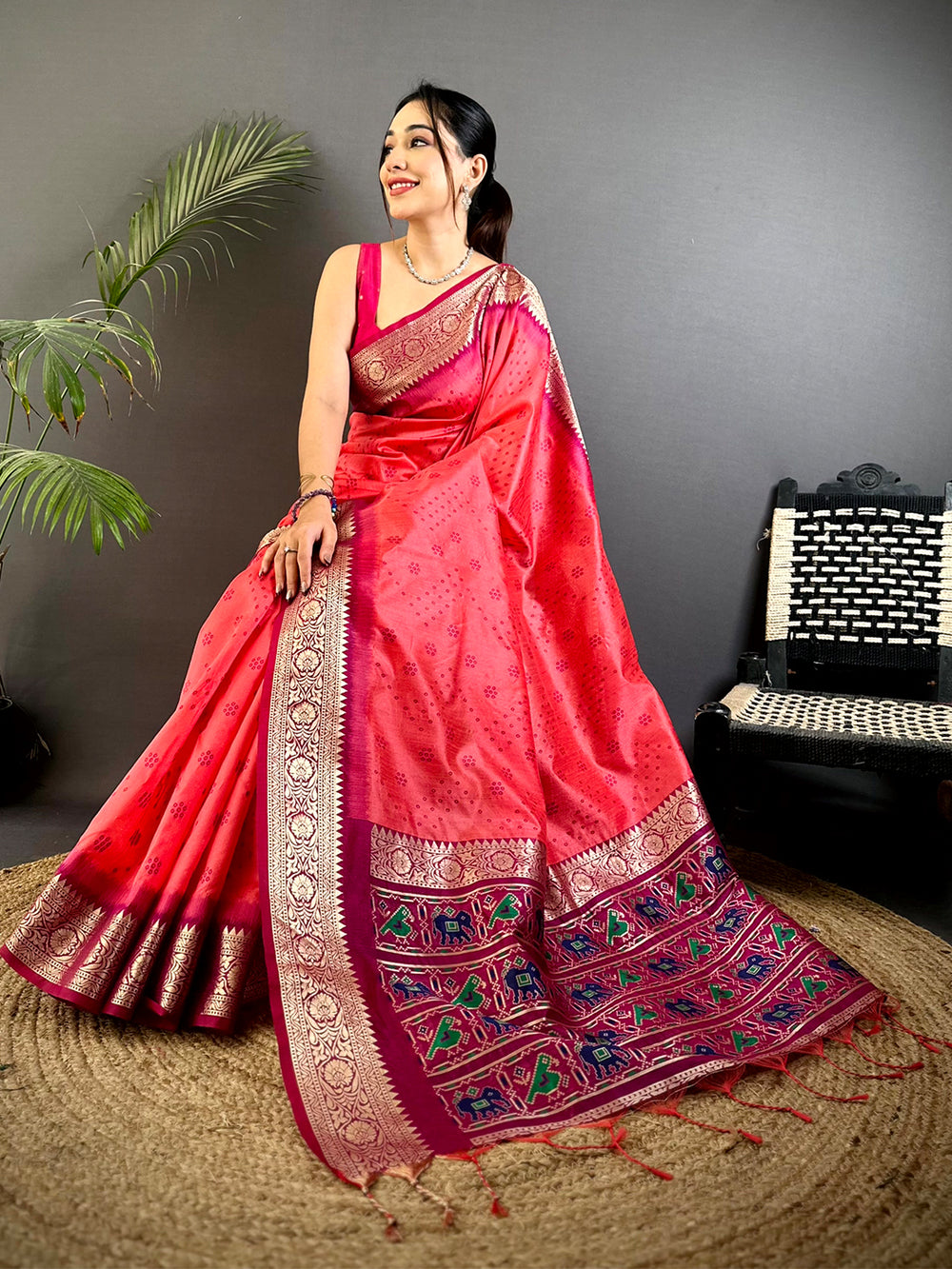 Pink Bandhej Pochampally Raw Silk Saree