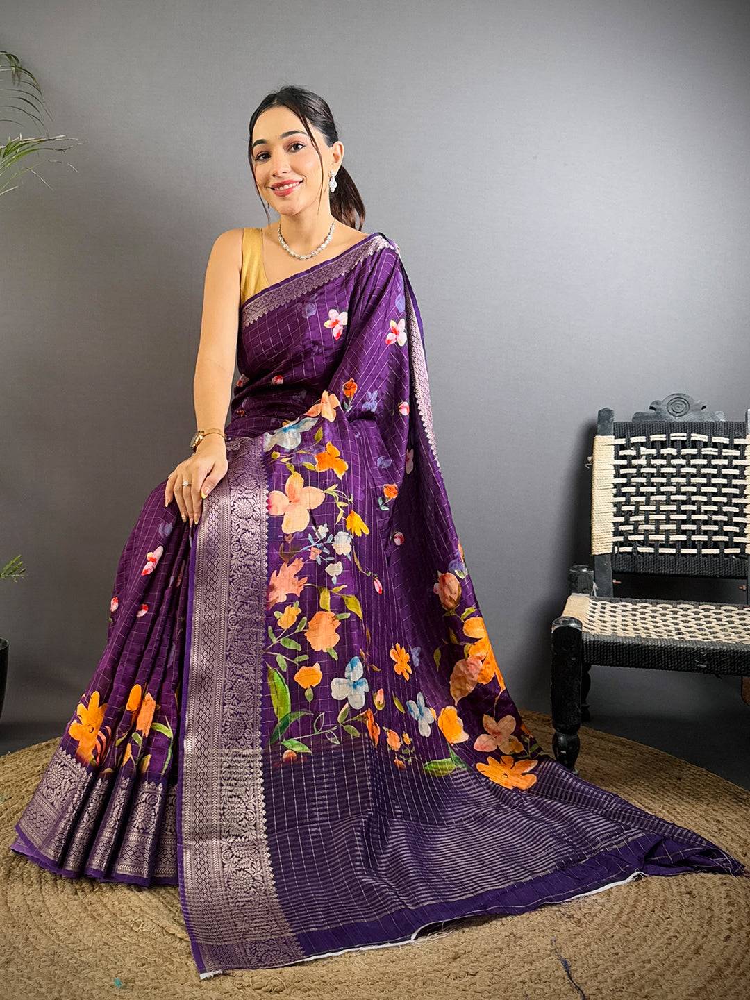 Deep Purple Floral Kalamkari Viscose Saree