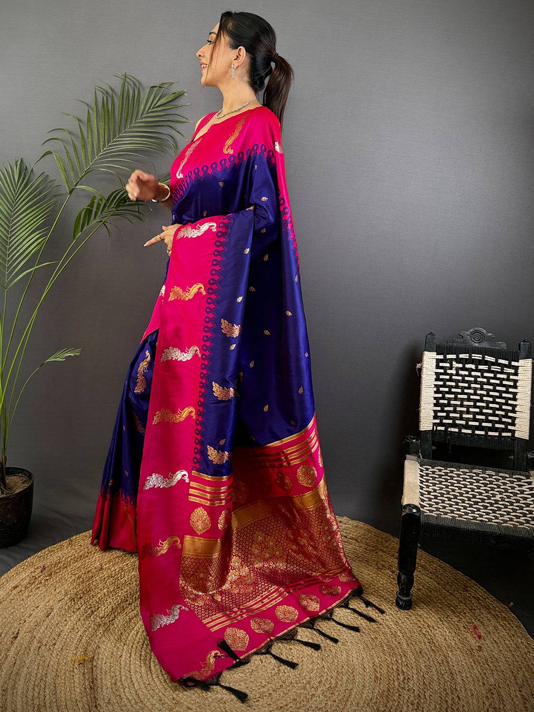 Purple Gold Zari Peacock Butta Soft Silk Saree