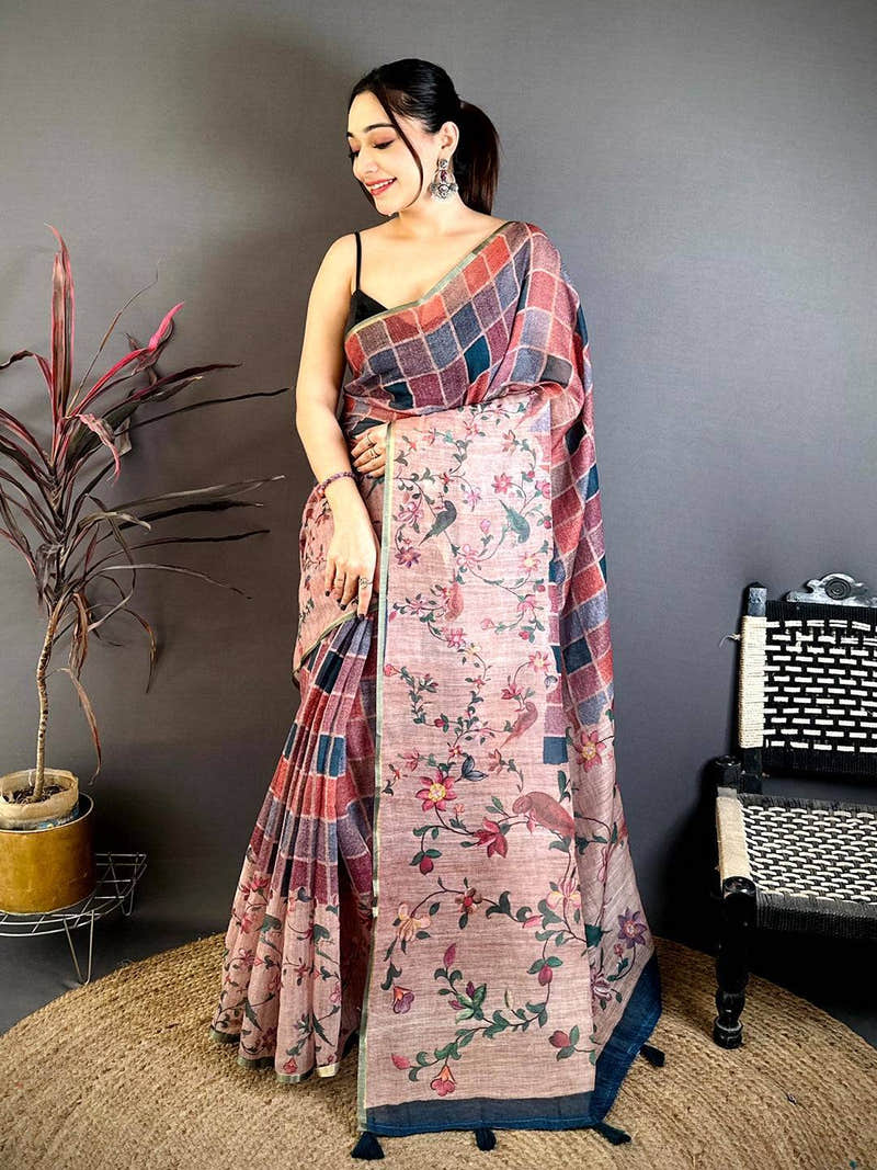 Classic Multicolour Block Print Linen Saree