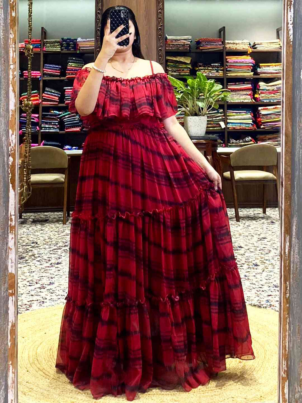 Tartan Print Off-Shoulder Ruffle Dress