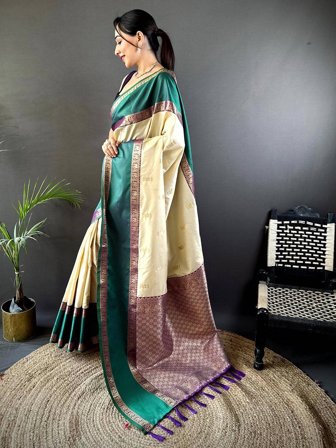 Graceful Cream Gadhwal Soft Silk Saree
