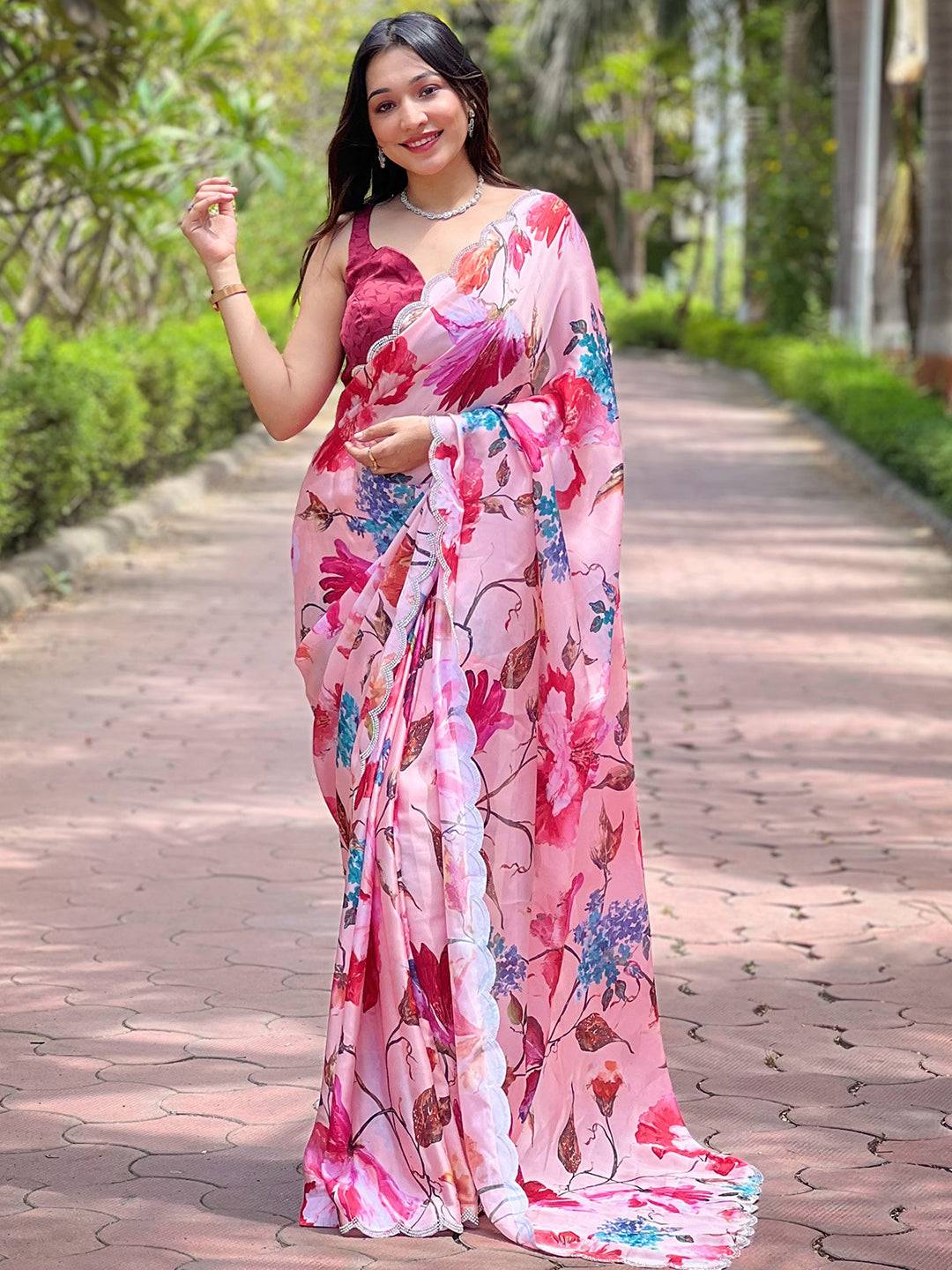 Elegant floral print saree in peach satin georgette