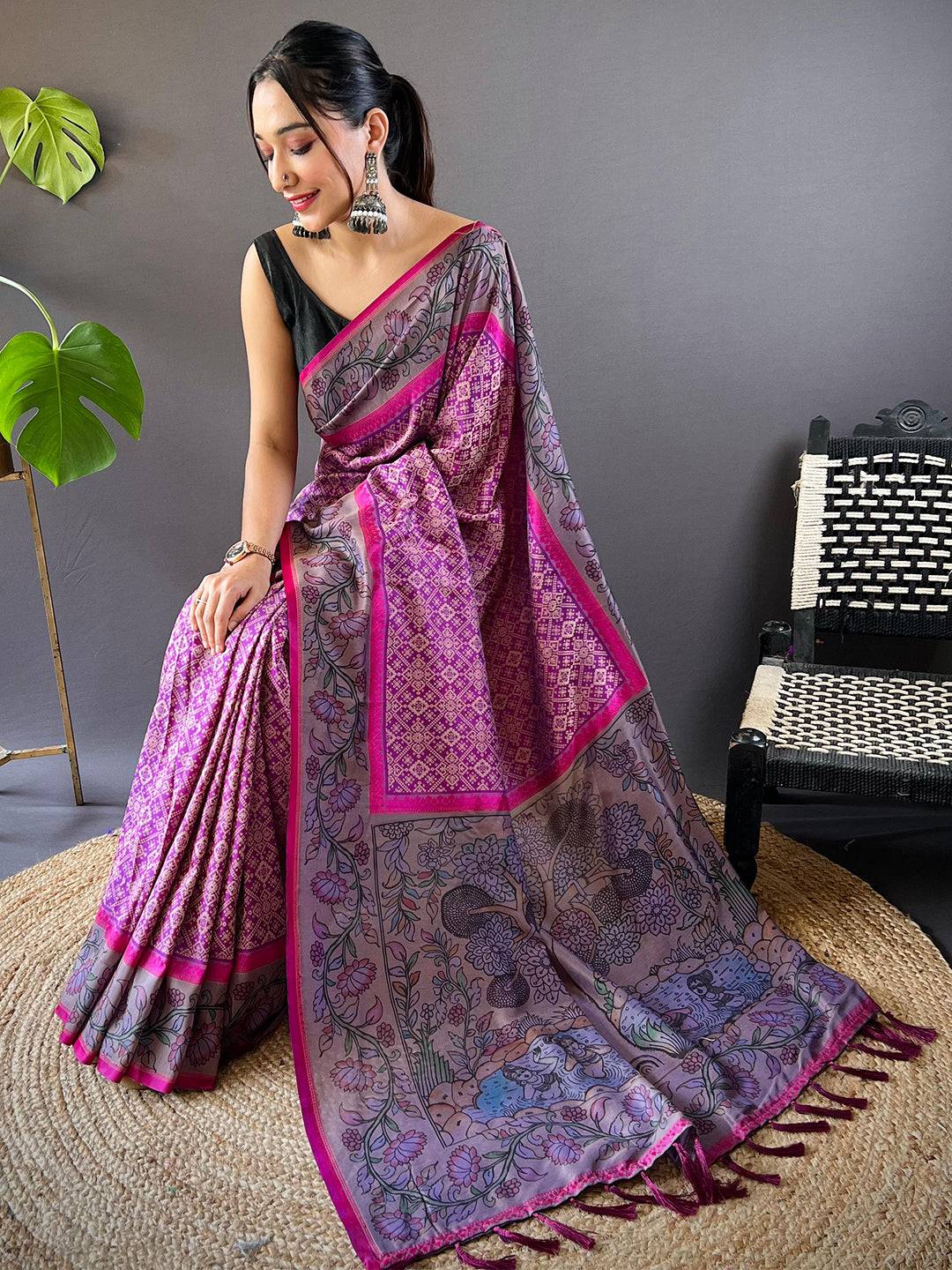 Deep Pink Patola And Kalamkari Fusion Saree