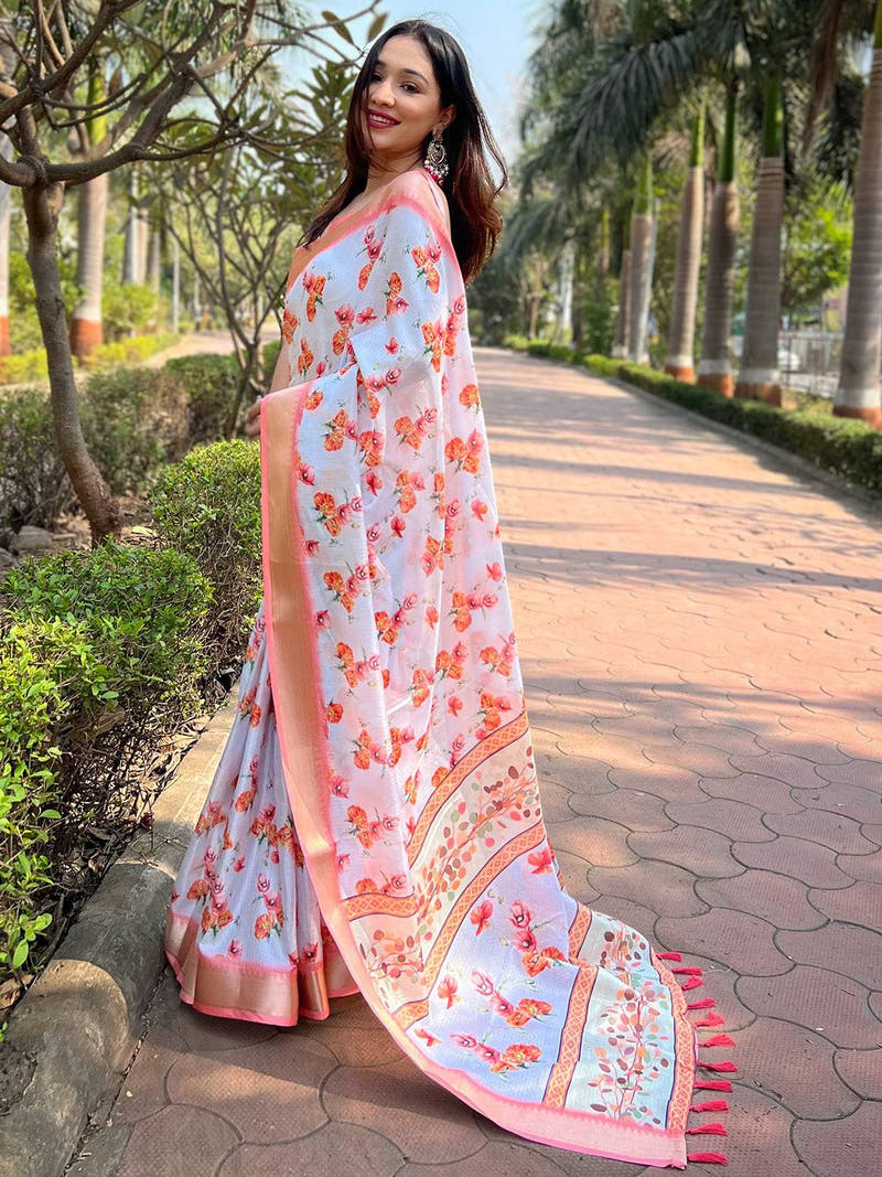 Back view of Gajari Kota saree with floral design