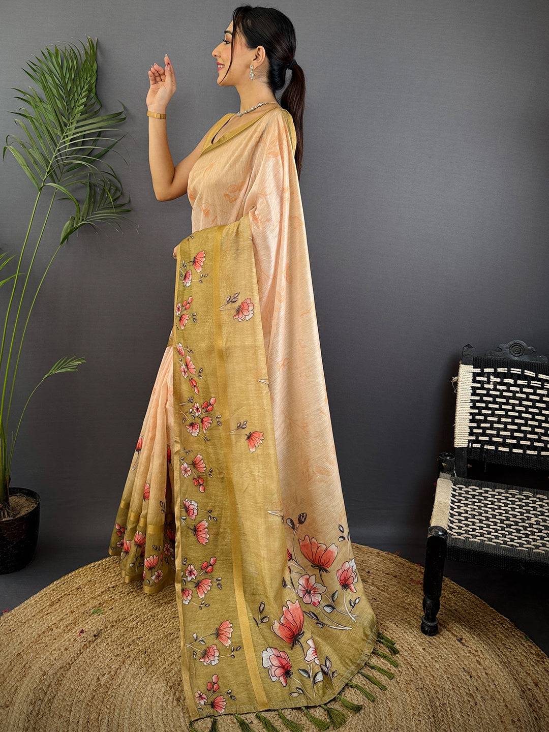 Olive Linen Chanderi Floral Print Saree