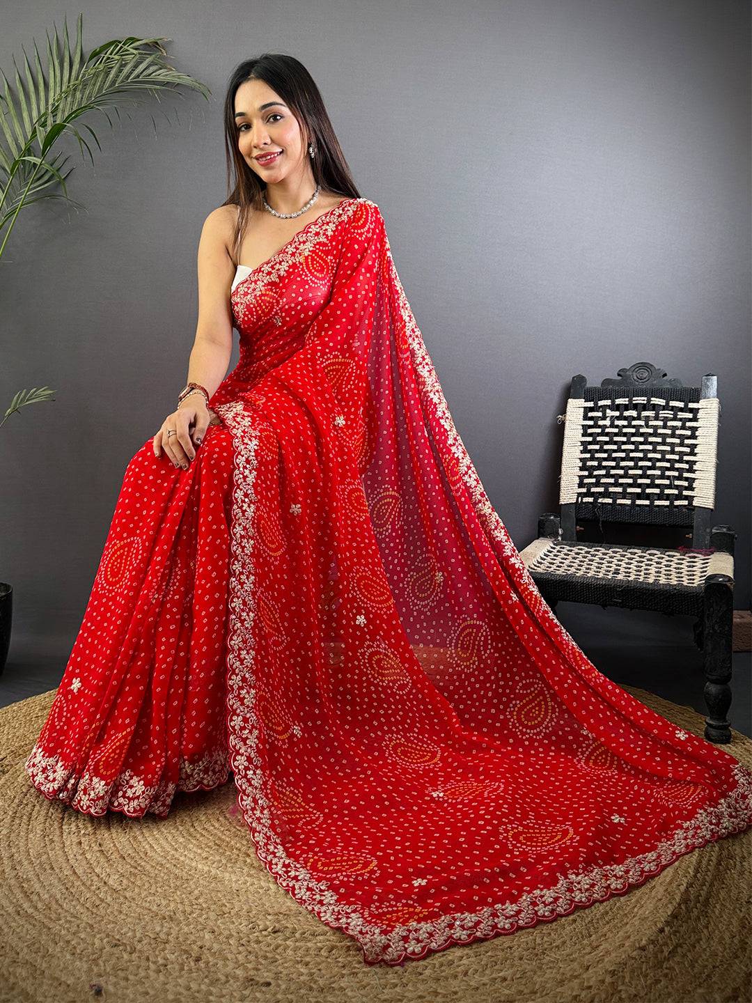 Red Soft Georgette Bandhej Print Saree