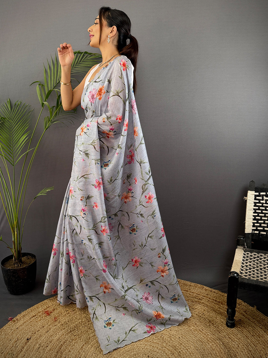 Grey Soft Kota Floral Print Saree