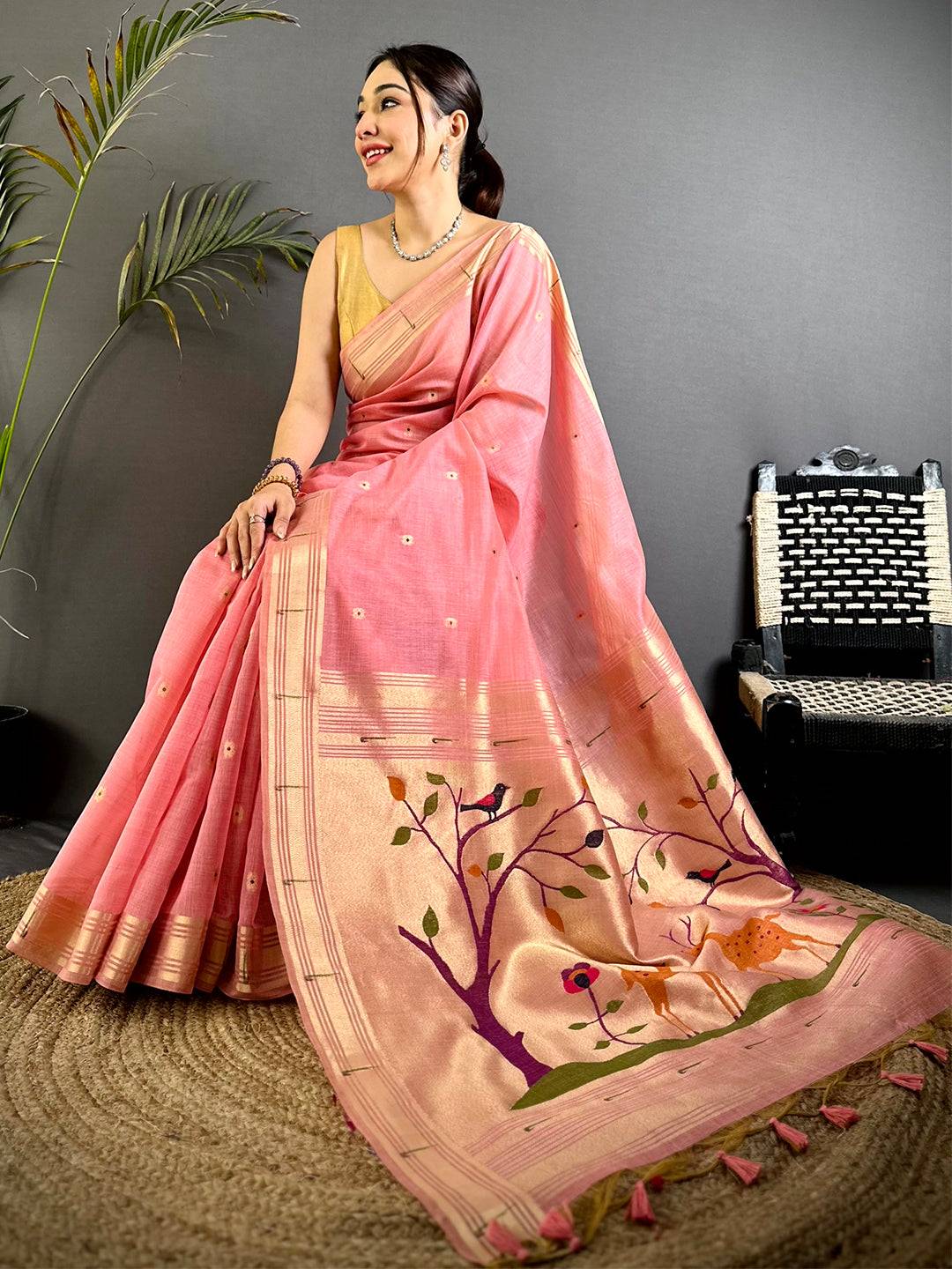 Pink Minakari Paithani Khadi Linen Saree